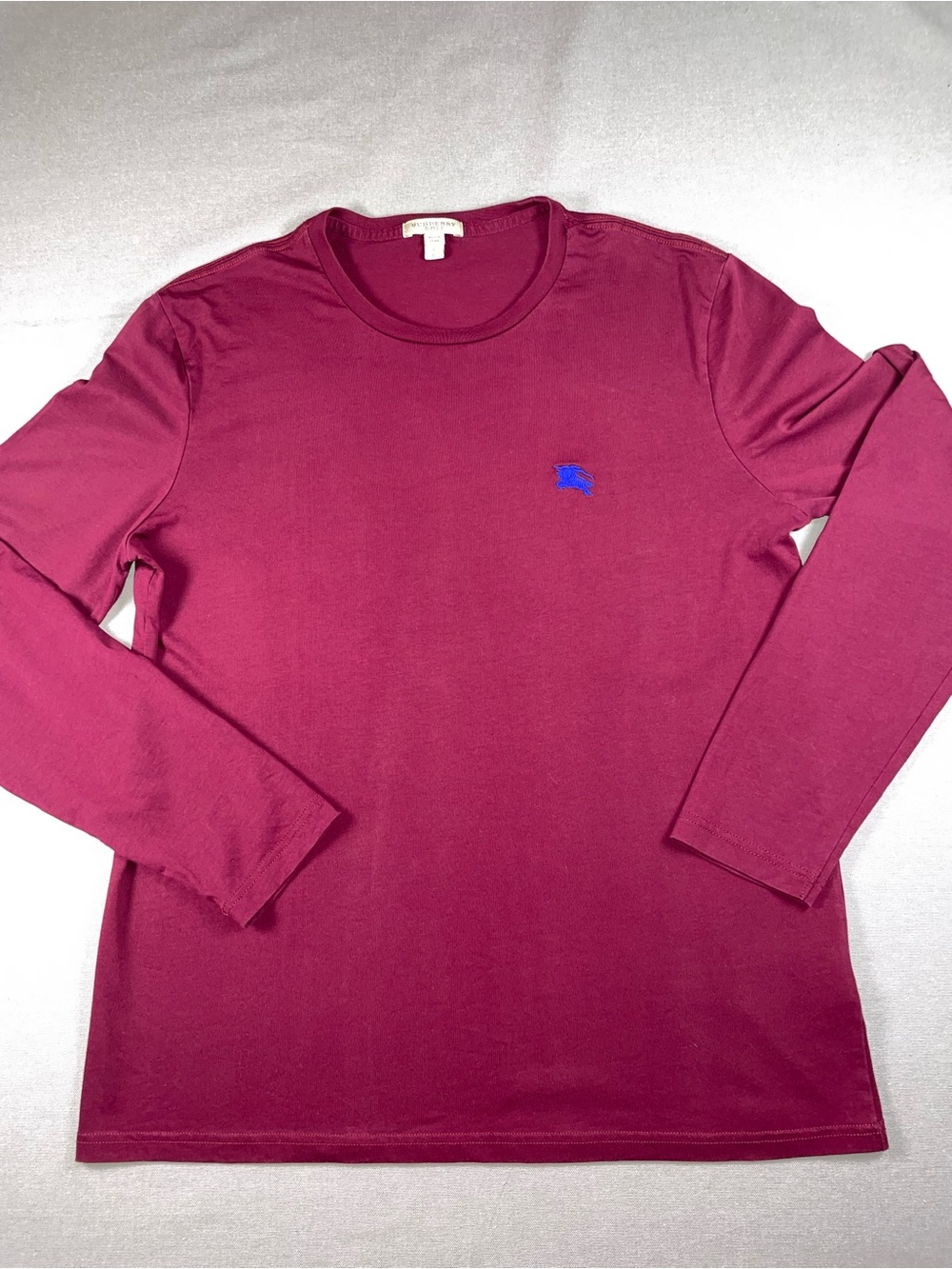 Burberry Men's Long Sleeve Crew Neck T-Shirt Maroon Blue Knight Size L *FLAW*